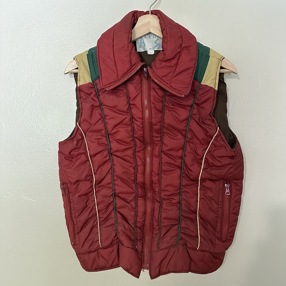 Vtg 70s Puffer Alpine Ski‎ Color Block Puffer Vest Size Small Red Tan Blue Snap
